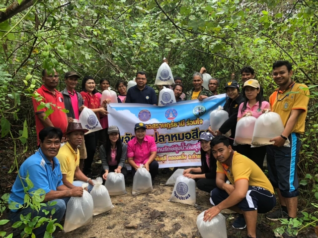 ปล่อยพันธุ์ปลากะพงขาวตามมาตรการจัดการและควบคุมการแพร่ระบาดของปลาหมอสีคางดำ